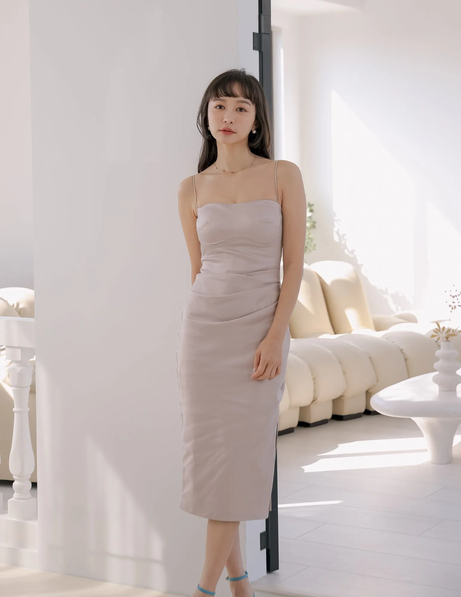 Kourtney Padded Satin Dress in Champagne