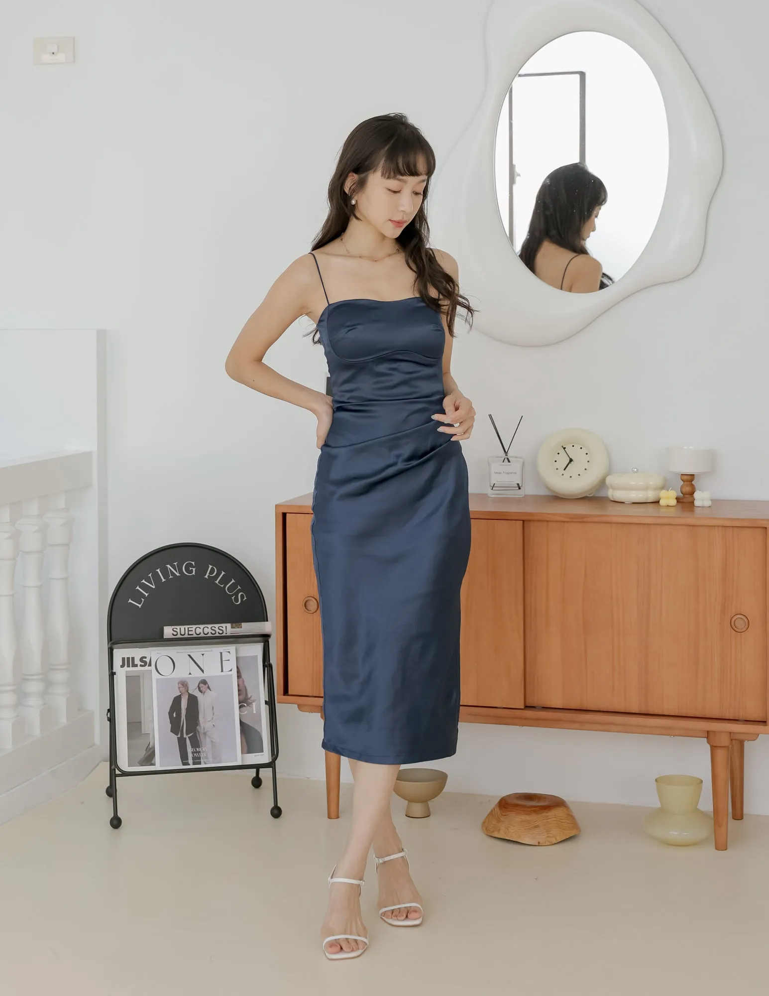 Kourtney Padded Satin Dress in Navy