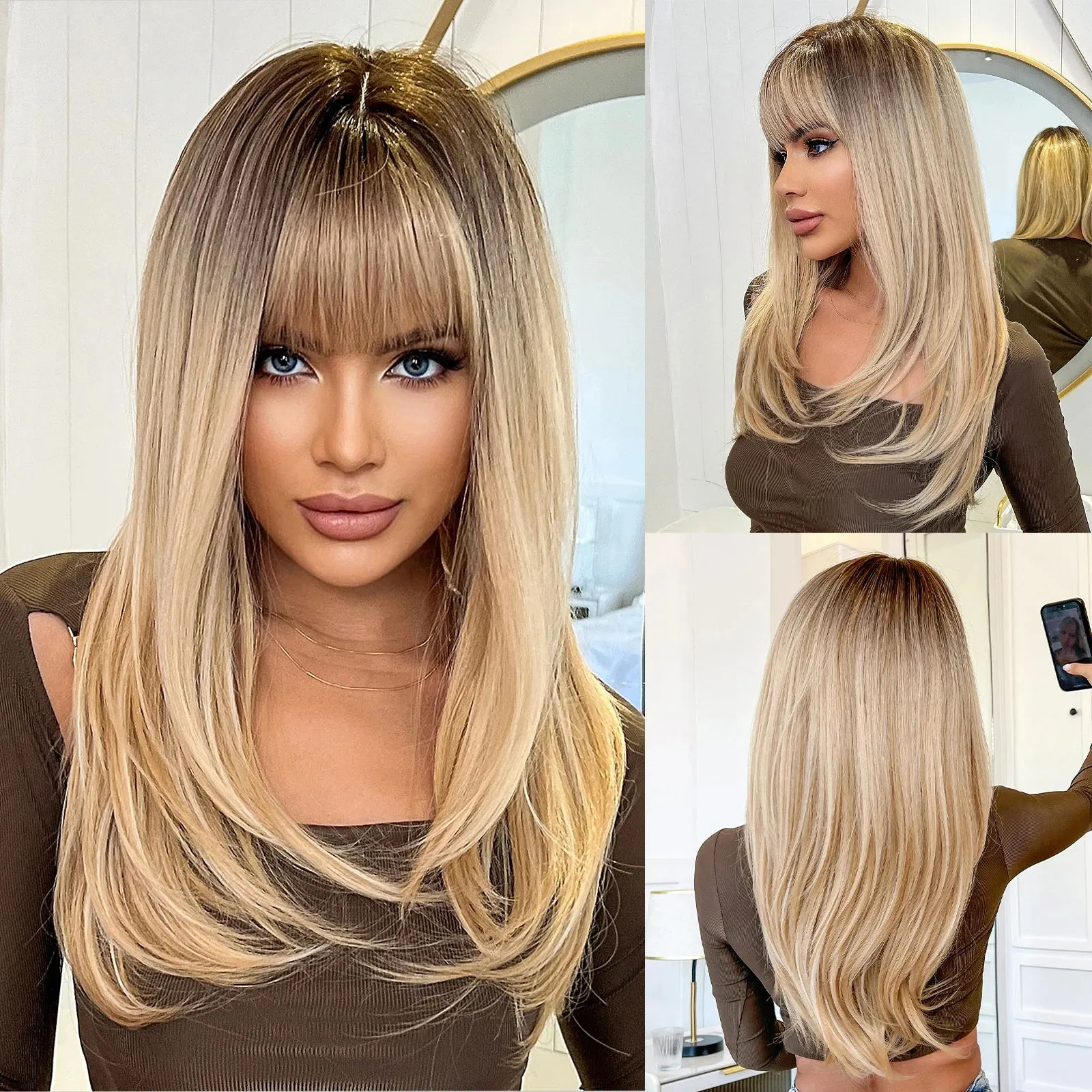 La Sylphide Ombre Grey Blonde Wigs for Woman Long Straight Wigs with Bangs Synthetic Wigs Cosplay High Quality HIgh Tempreature