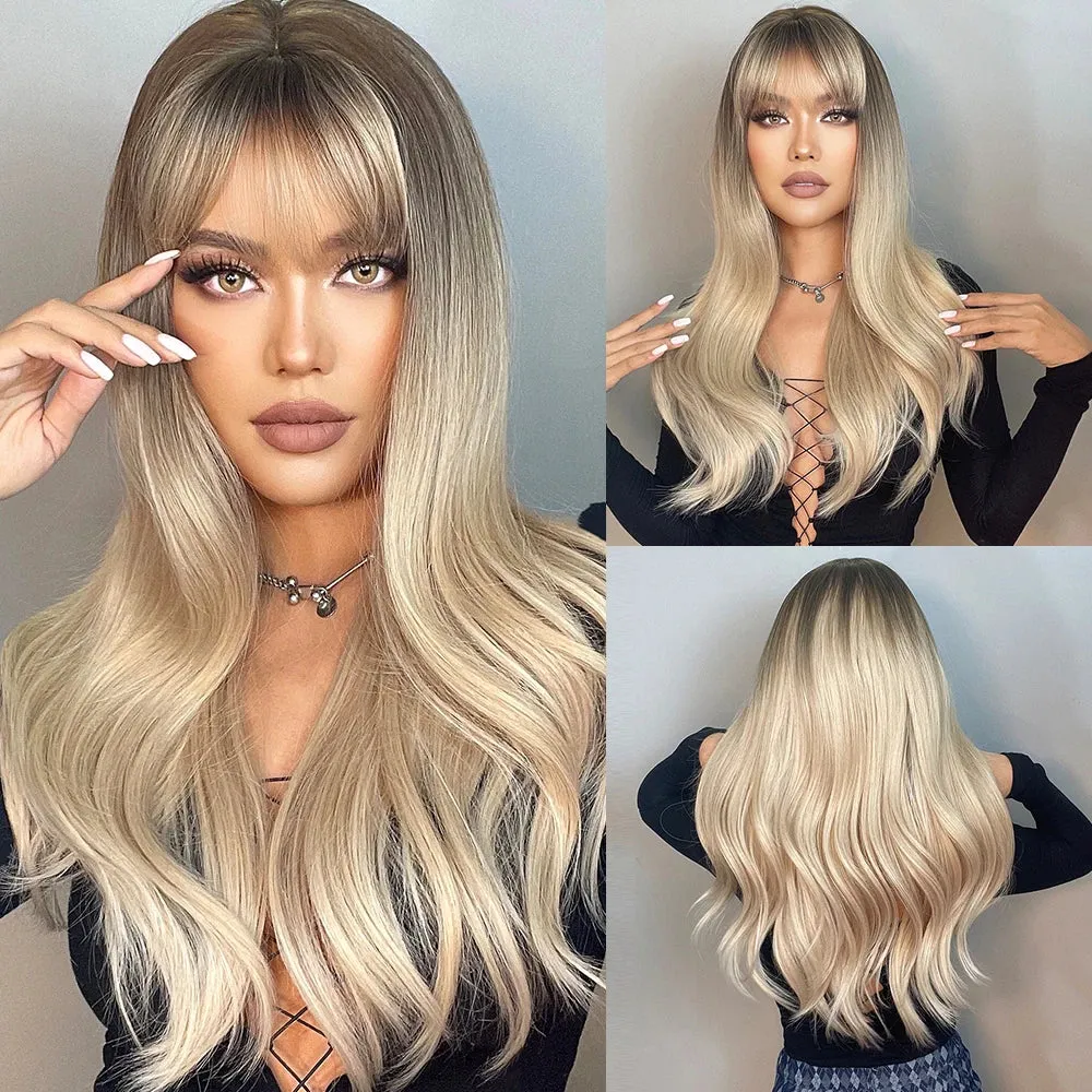 La Sylphide Ombre Grey Blonde Wigs for Woman Long Straight Wigs with Bangs Synthetic Wigs Cosplay High Quality HIgh Tempreature