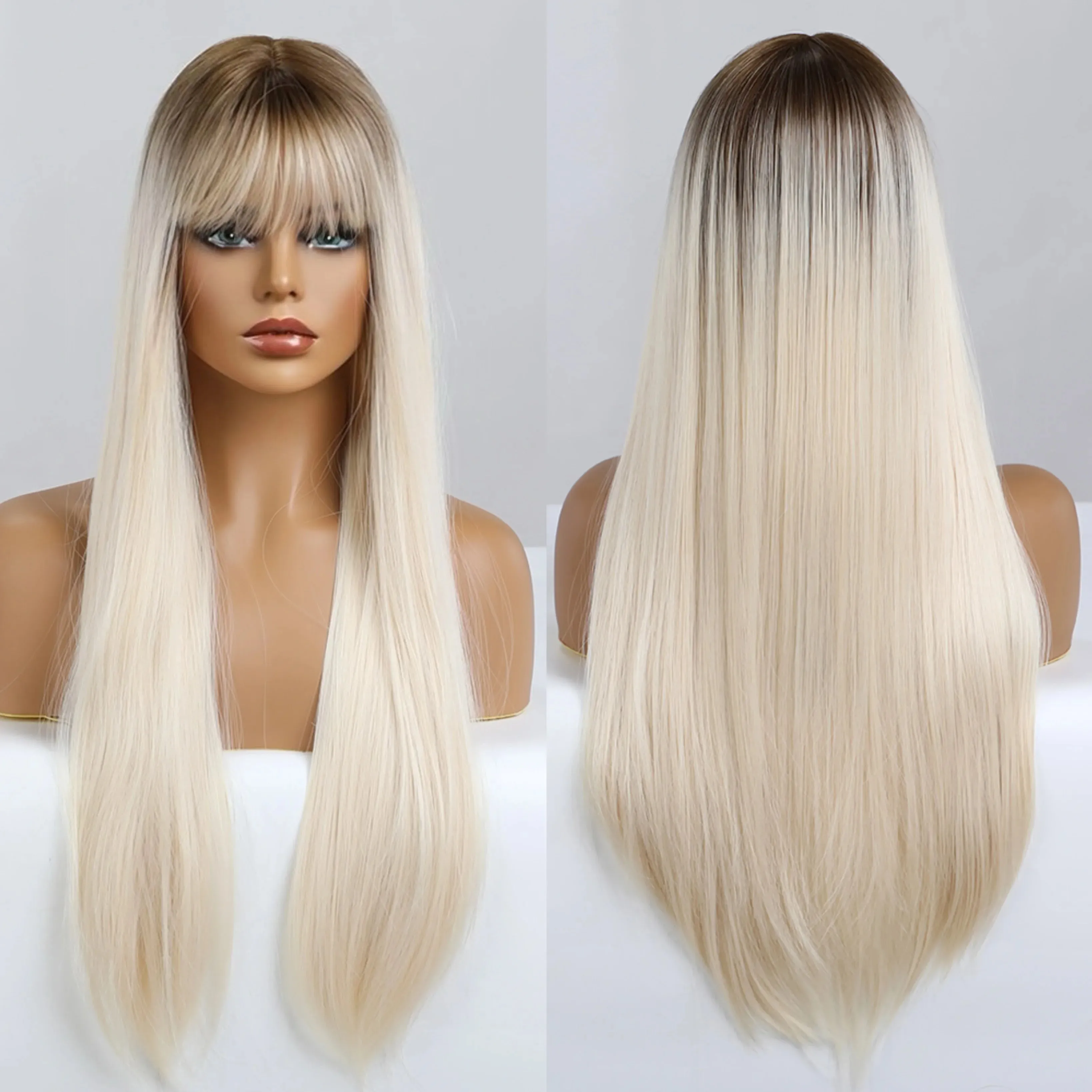 La Sylphide Ombre Grey Blonde Wigs for Woman Long Straight Wigs with Bangs Synthetic Wigs Cosplay High Quality HIgh Tempreature