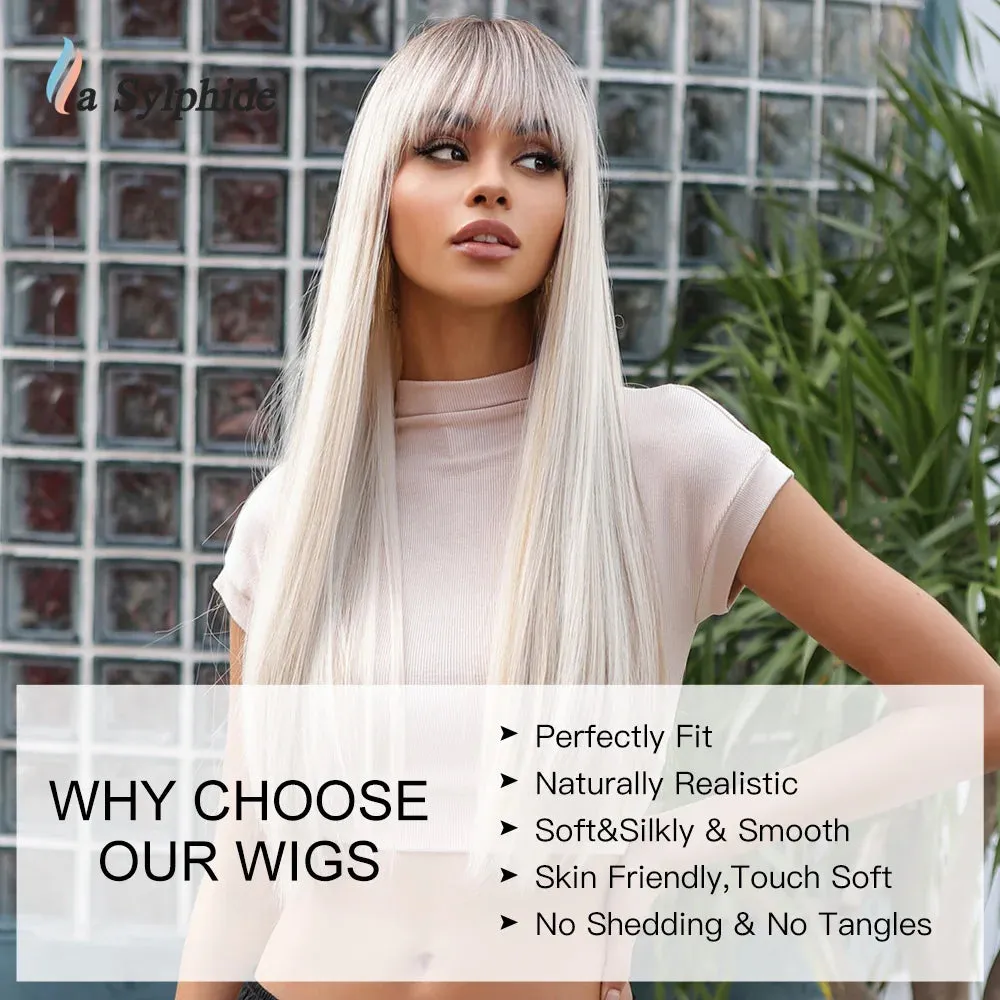 La Sylphide Ombre Grey Blonde Wigs for Woman Long Straight Wigs with Bangs Synthetic Wigs Cosplay High Quality HIgh Tempreature