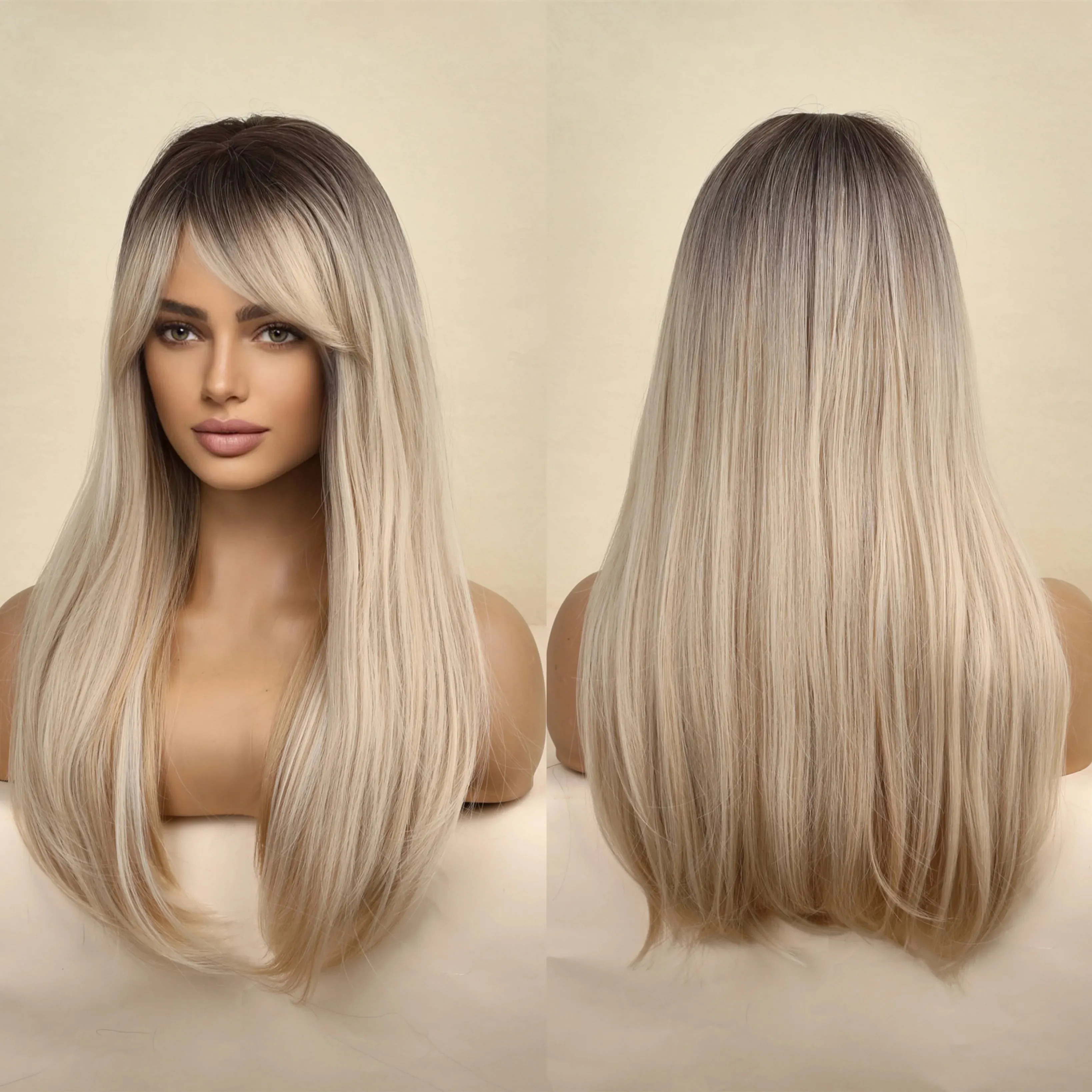 La Sylphide Ombre Grey Blonde Wigs for Woman Long Straight Wigs with Bangs Synthetic Wigs Cosplay High Quality HIgh Tempreature