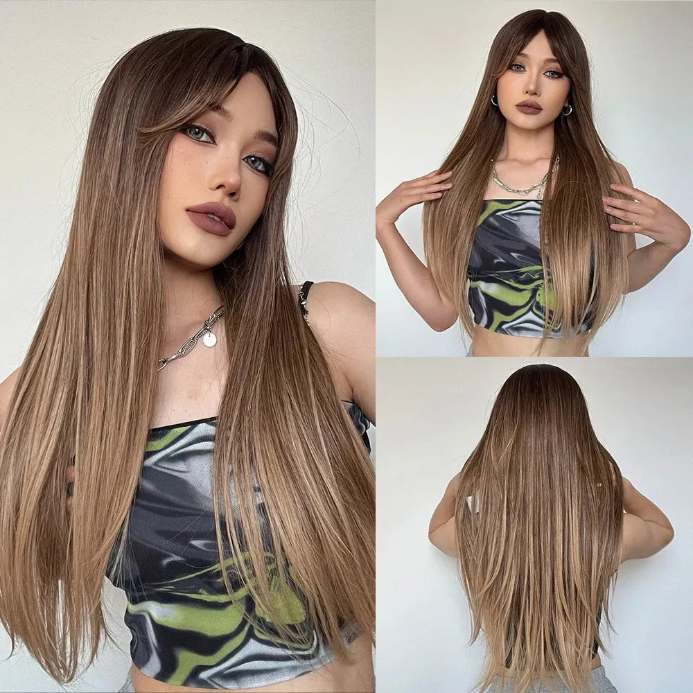 La Sylphide Ombre Grey Blonde Wigs for Woman Long Straight Wigs with Bangs Synthetic Wigs Cosplay High Quality HIgh Tempreature