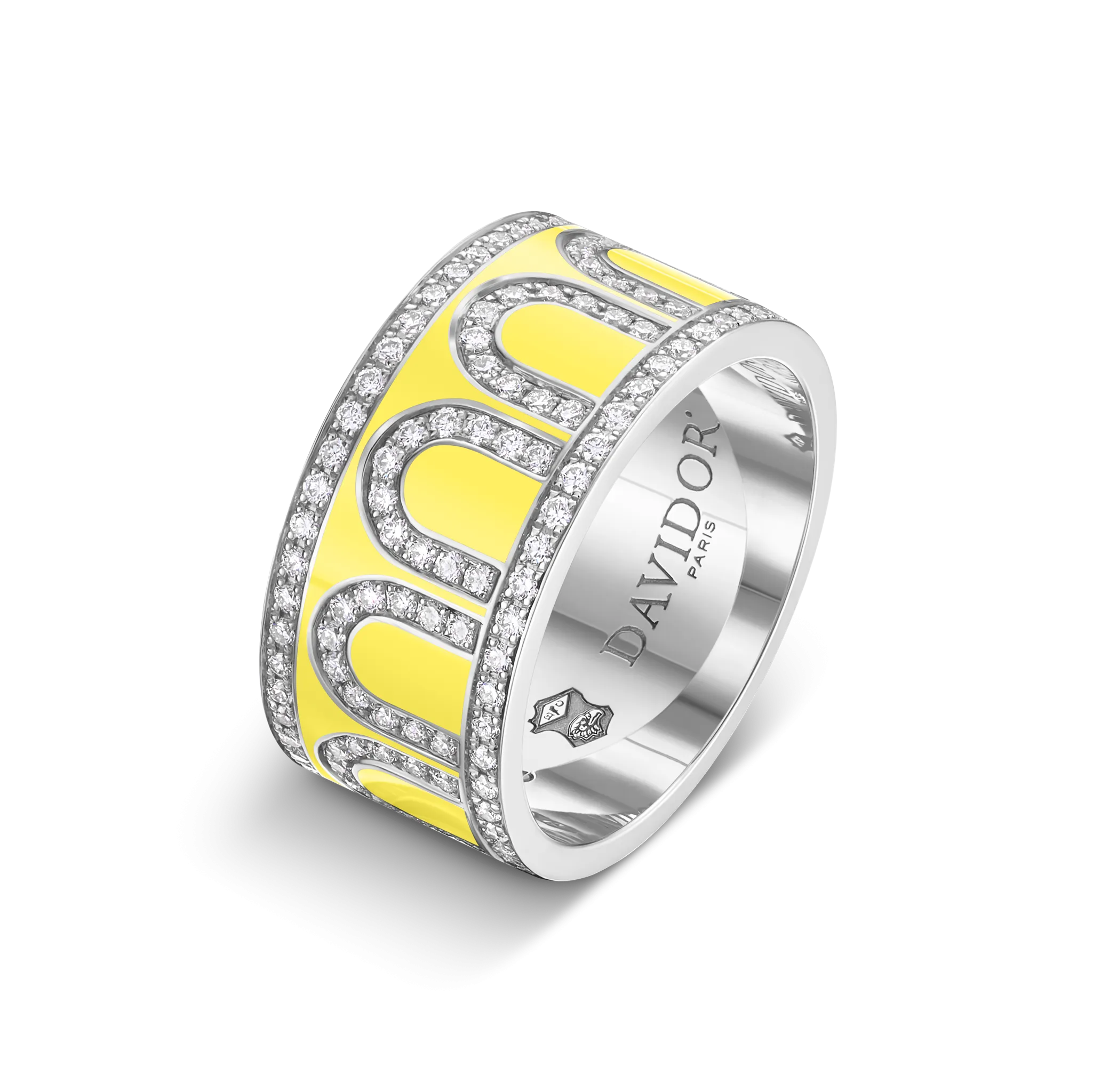 L'Arc de DAVIDOR Ring GM, 18k White Gold with Limoncello Lacquered Ceramic and Palais Diamonds