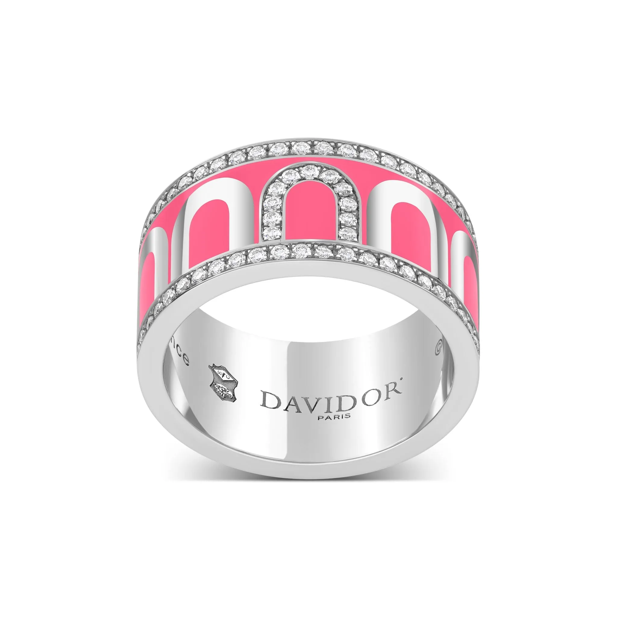 L'Arc de DAVIDOR Ring GM, 18k White Gold with May Rose Lacquered Ceramic and Porta Diamonds