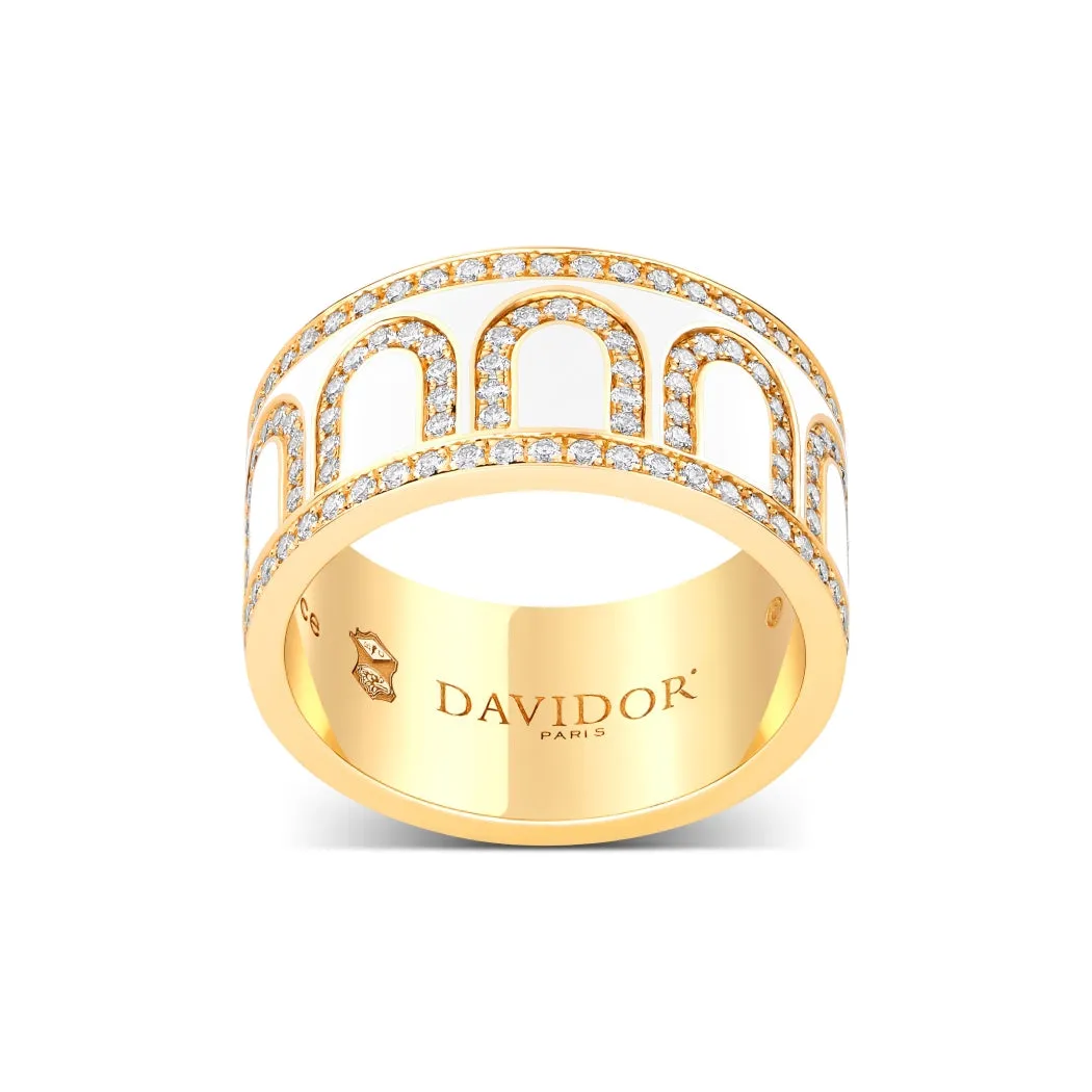 L'Arc de DAVIDOR Ring GM, 18k Yellow Gold with Neige Lacquered Ceramic and Palais Diamonds