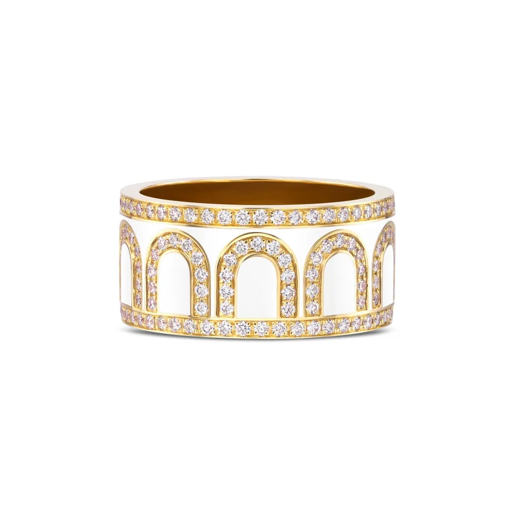 L'Arc de DAVIDOR Ring GM, 18k Yellow Gold with Neige Lacquered Ceramic and Palais Diamonds