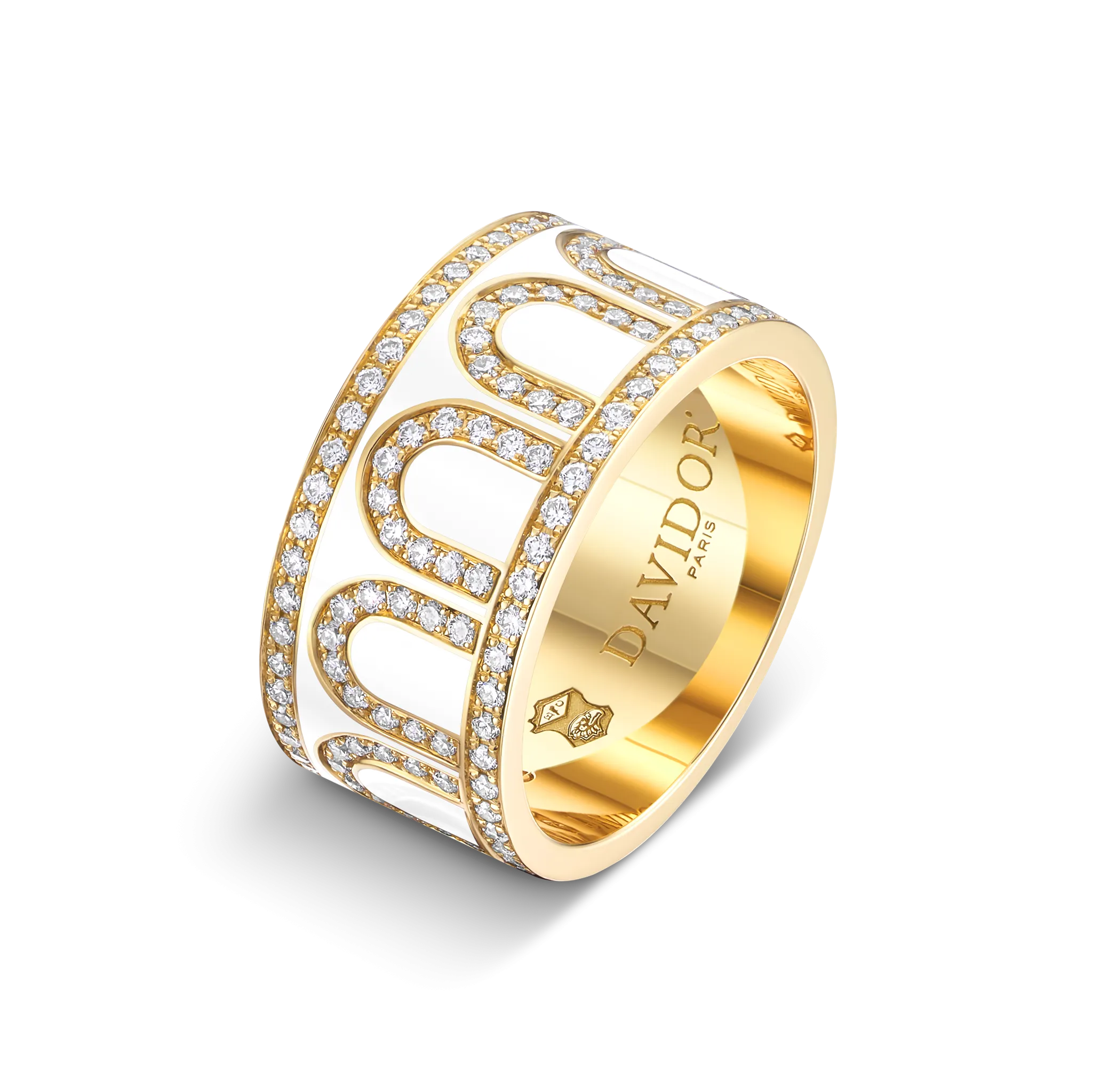 L'Arc de DAVIDOR Ring GM, 18k Yellow Gold with Neige Lacquered Ceramic and Palais Diamonds