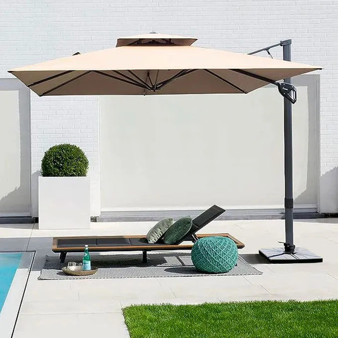 Large 10'x10' Double Top Cantilever Patio Umbrella with Thick Aluminum Frame, 360° Rotation & Cross Base