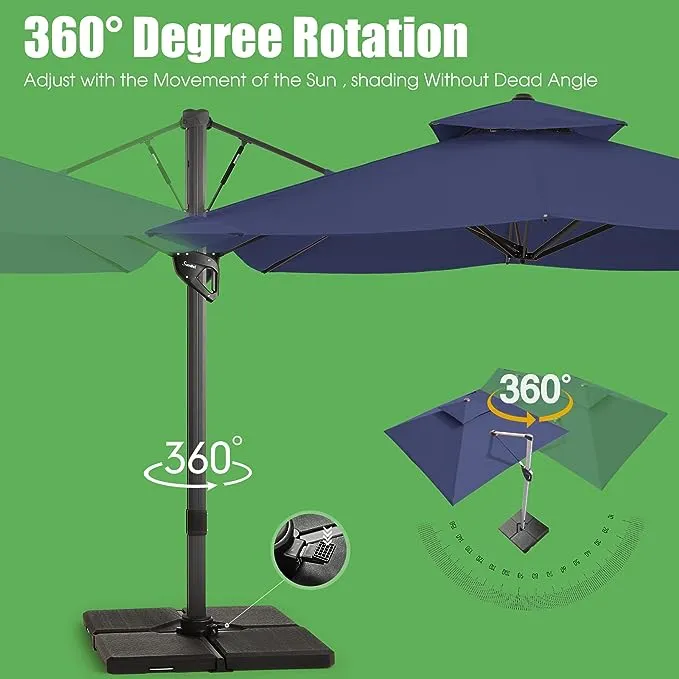 Large 10'x10' Double Top Cantilever Patio Umbrella with Thick Aluminum Frame, 360° Rotation & Cross Base