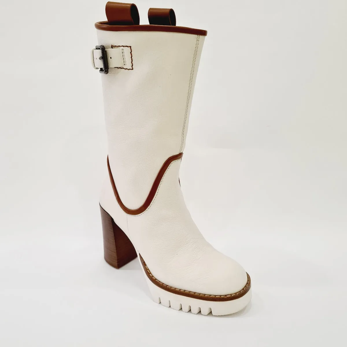 Les Poèmes stivaletto fondo gomma tacco alto 10cm plateau 2,5cm pelle camelia latte cuoio rif.721