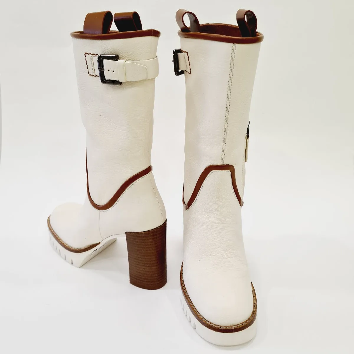 Les Poèmes stivaletto fondo gomma tacco alto 10cm plateau 2,5cm pelle camelia latte cuoio rif.721