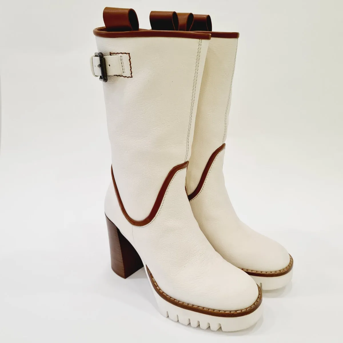 Les Poèmes stivaletto fondo gomma tacco alto 10cm plateau 2,5cm pelle camelia latte cuoio rif.721