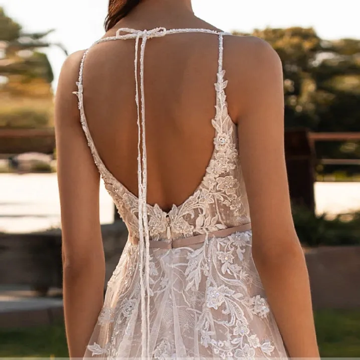 Luxury Beaded Lace Spaghetti Straps Bohemian Wedding Dress