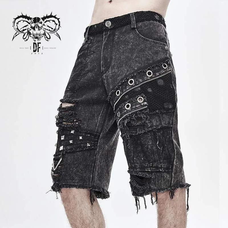 Men's Cut-out Ripped Rivets Holes Fifth Pants