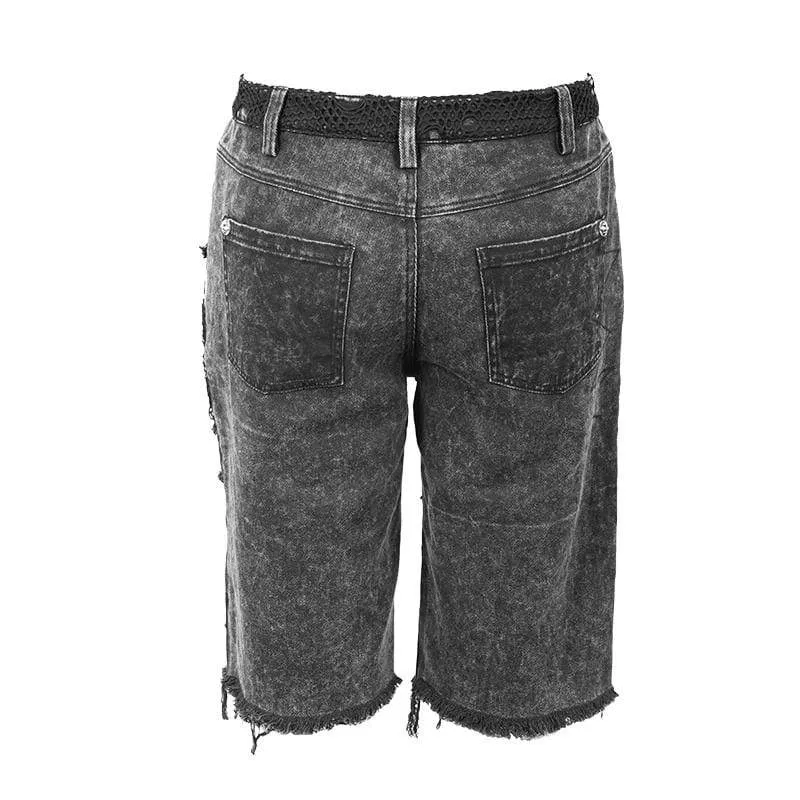 Men's Cut-out Ripped Rivets Holes Fifth Pants