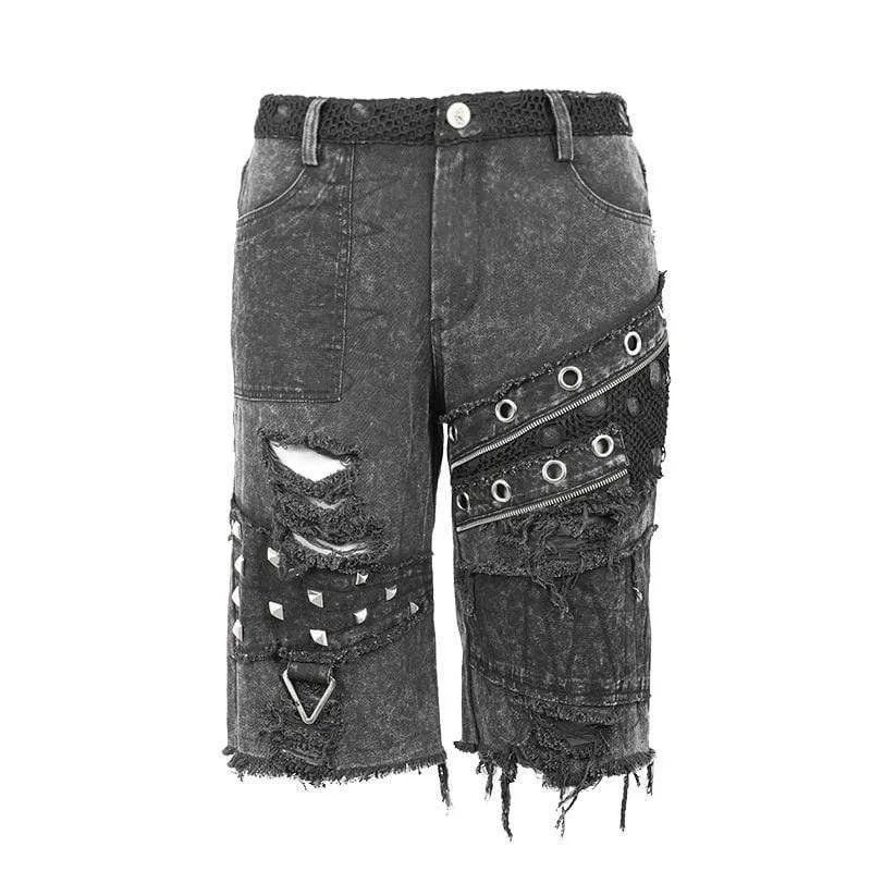 Men's Cut-out Ripped Rivets Holes Fifth Pants