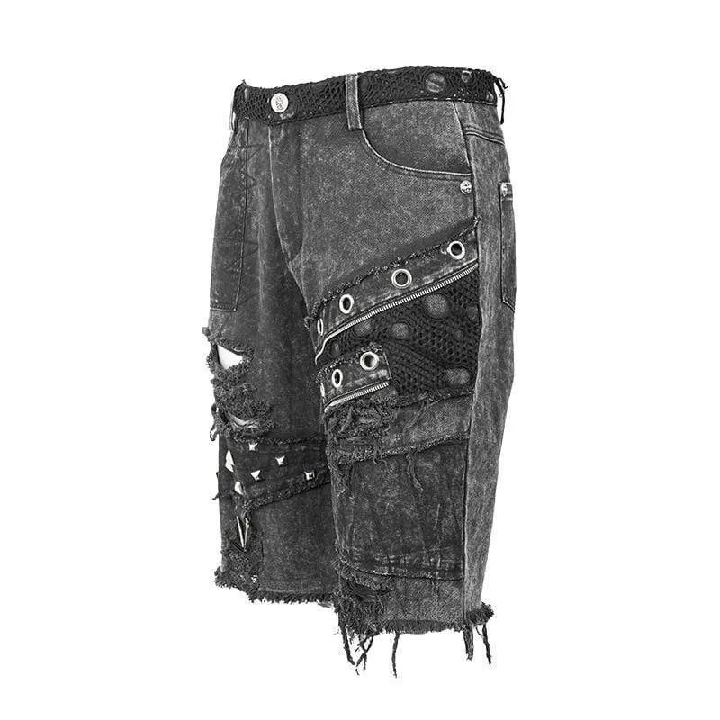 Men's Cut-out Ripped Rivets Holes Fifth Pants