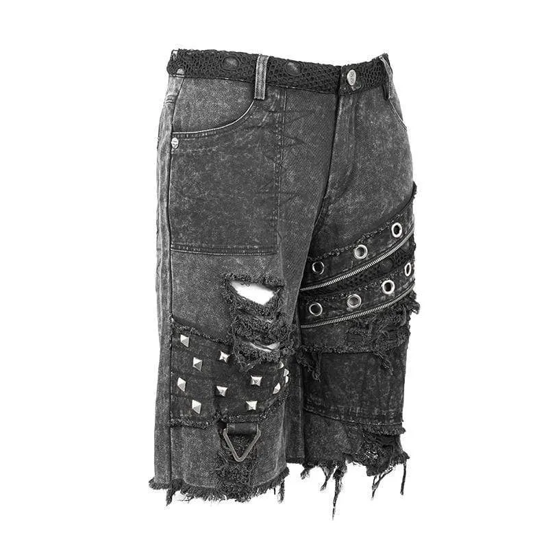 Men's Cut-out Ripped Rivets Holes Fifth Pants