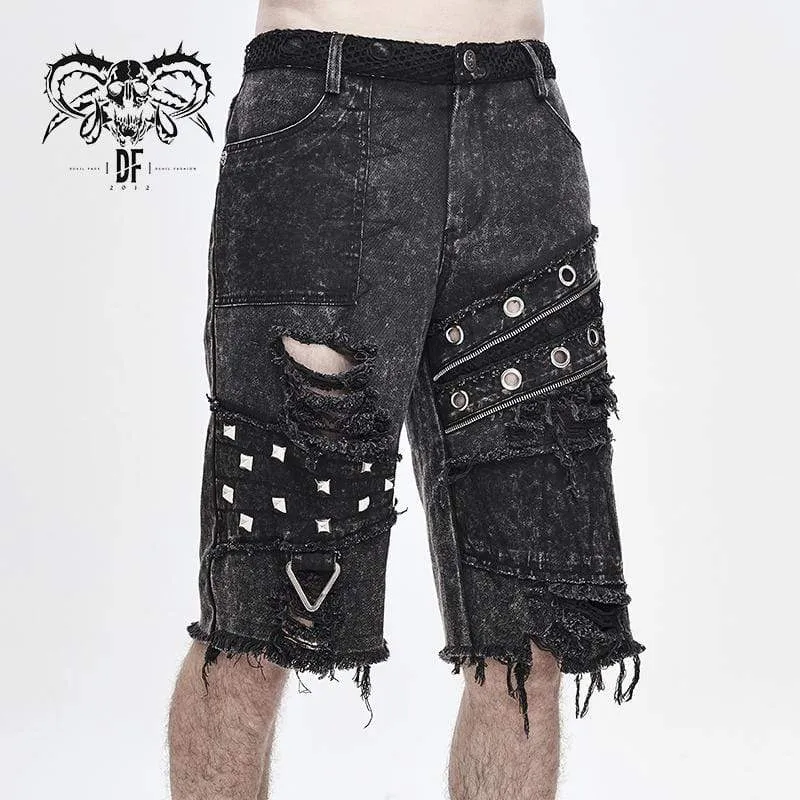 Men's Cut-out Ripped Rivets Holes Fifth Pants