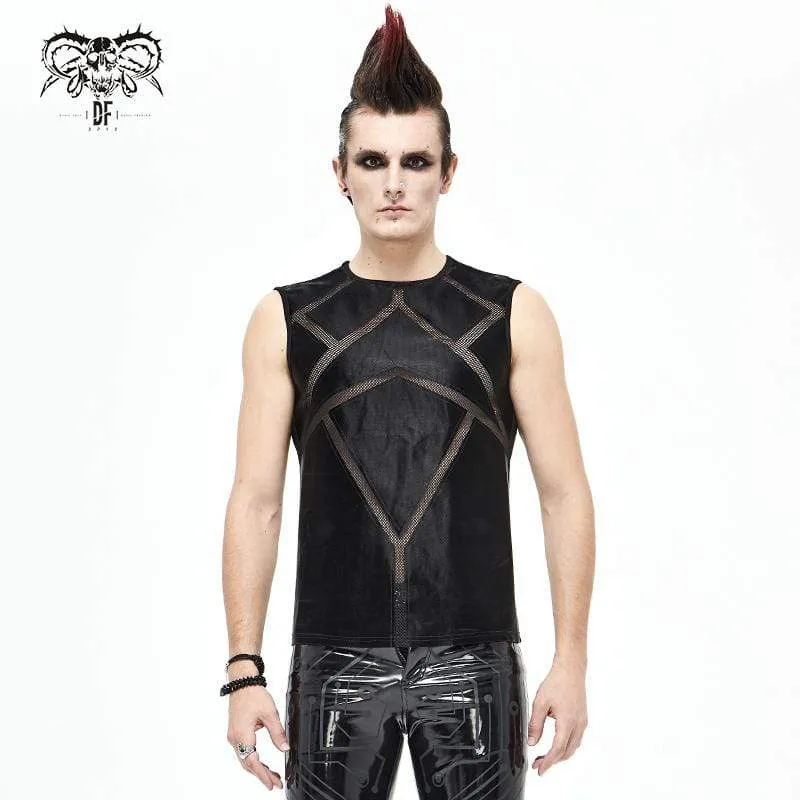 Men's Gothic Punk Mesh Faux Leather Tank Tops Black