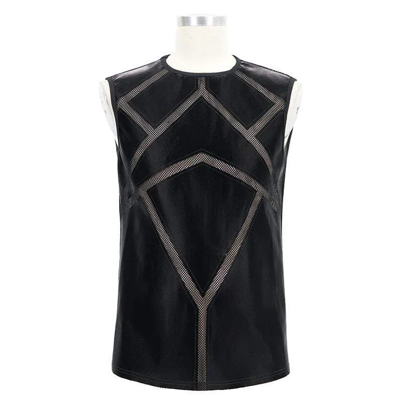 Men's Gothic Punk Mesh Faux Leather Tank Tops Black