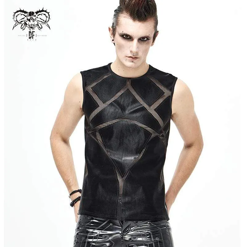 Men's Gothic Punk Mesh Faux Leather Tank Tops Black