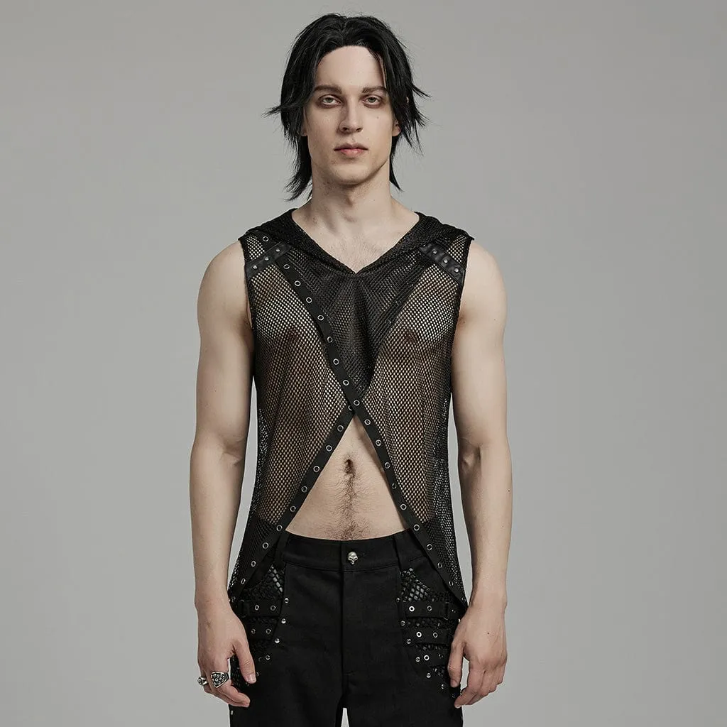 Men's Punk Irregular Eyelet Mesh Vest with Hood