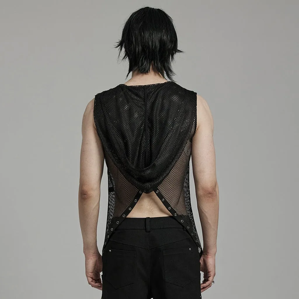 Men's Punk Irregular Eyelet Mesh Vest with Hood