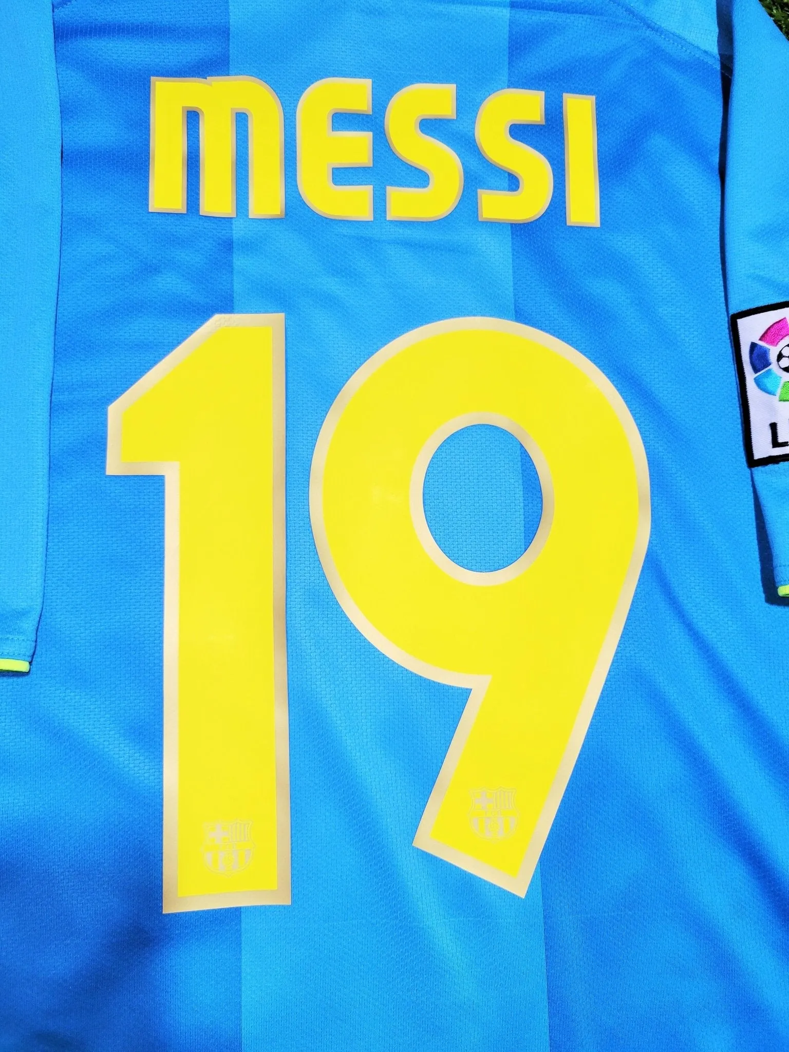 Messi Barcelona Anniversary 2007 2008 Blue Away Soccer Jersey Shirt Camiseta M SKU# 237743-414