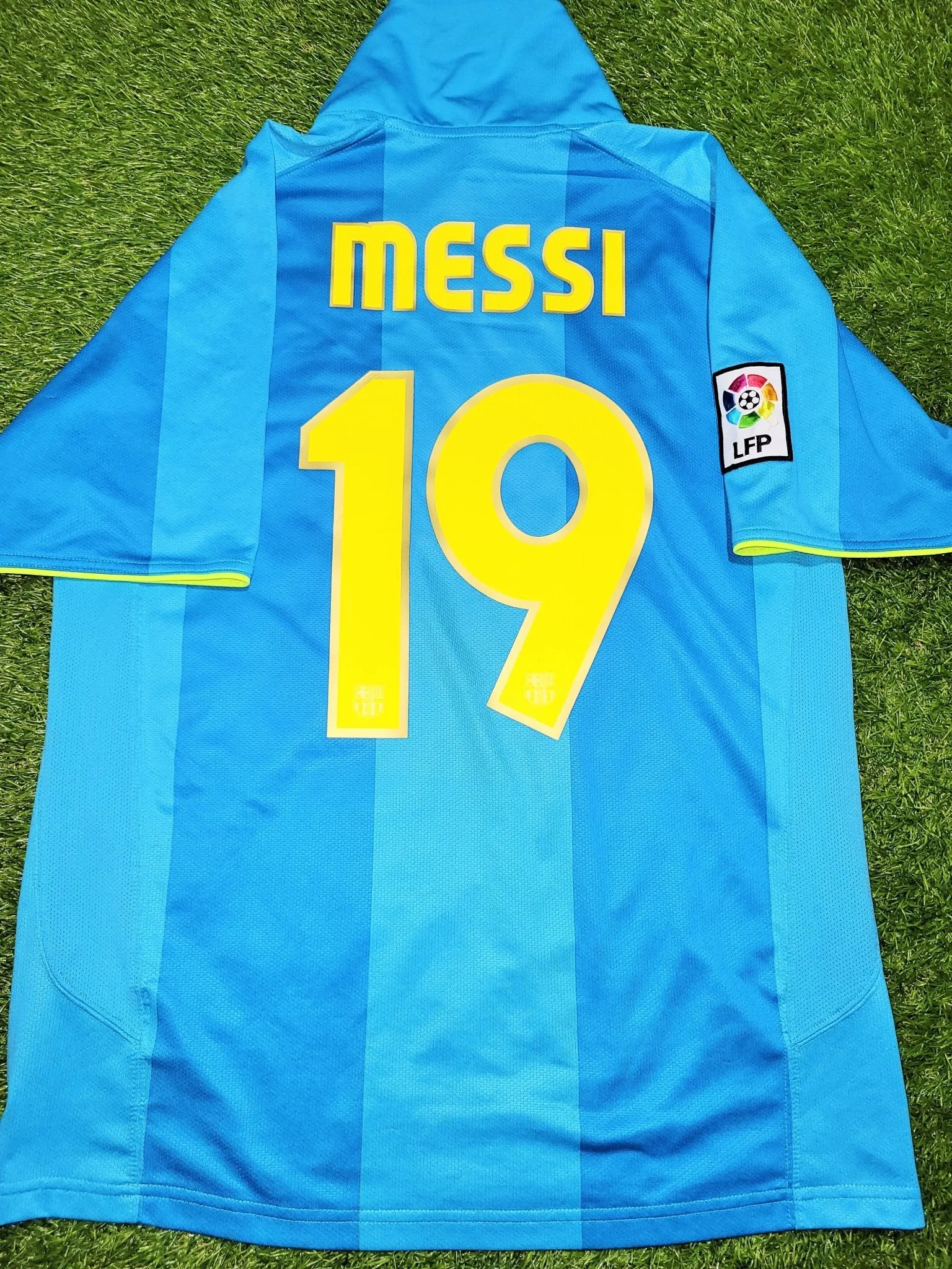 Messi Barcelona Anniversary 2007 2008 Blue Away Soccer Jersey Shirt Camiseta M SKU# 237743-414