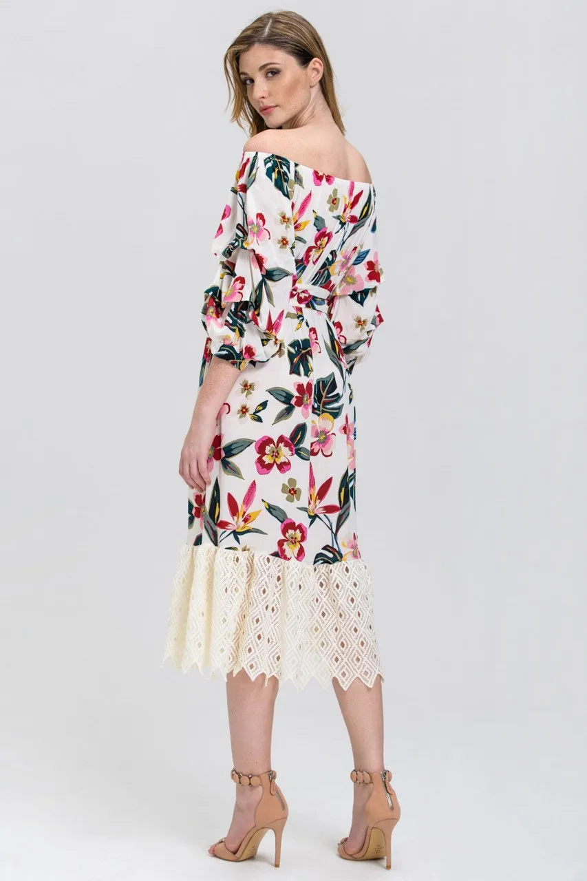 Mina Al Sheikhly - Floral Print Heavy Lace Skirt Trim Midi Dress