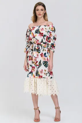 Mina Al Sheikhly - Floral Print Heavy Lace Skirt Trim Midi Dress