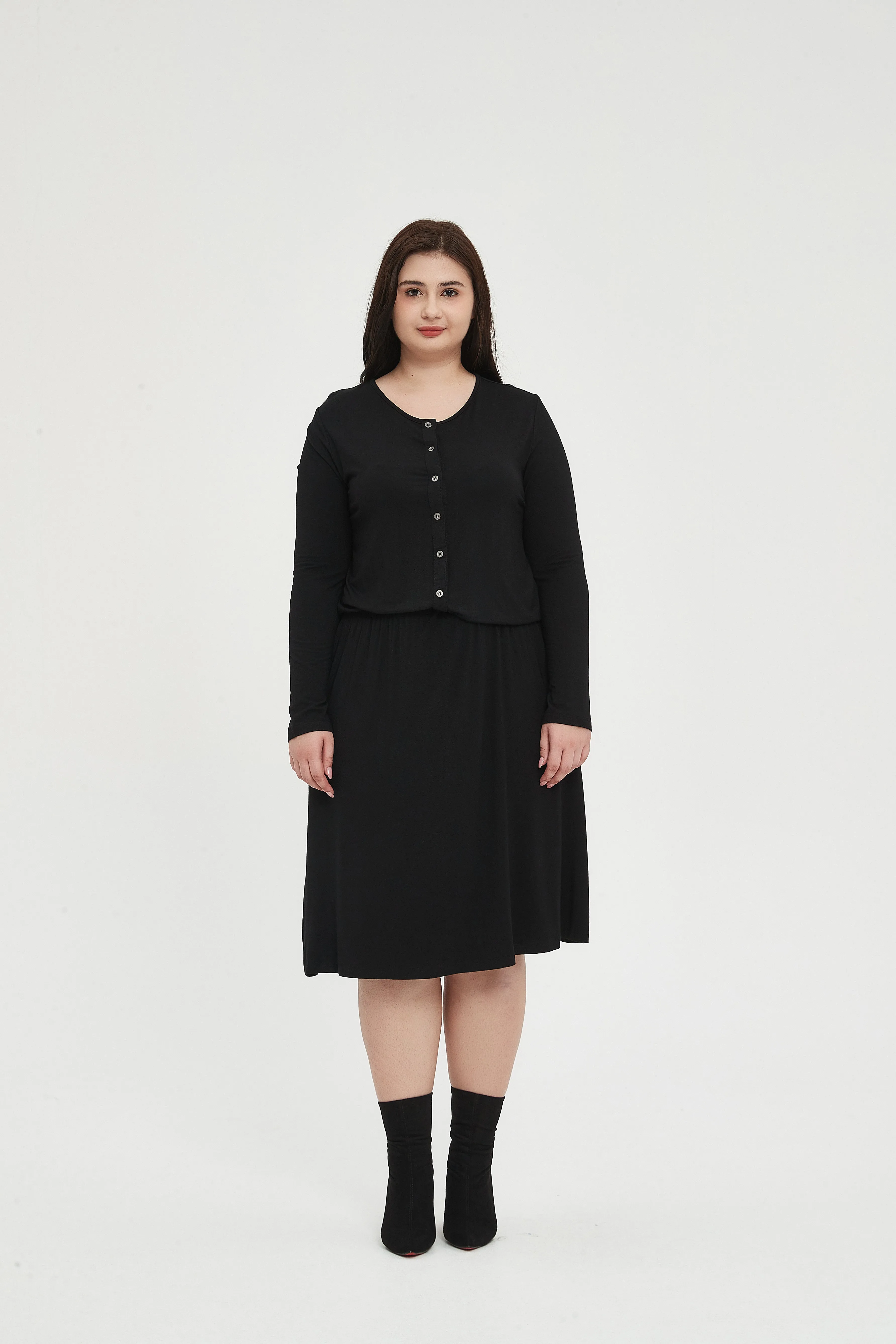 MM SMOCKED WAIST EVERYTHING DRESS LONG SLEEVES - BLACK