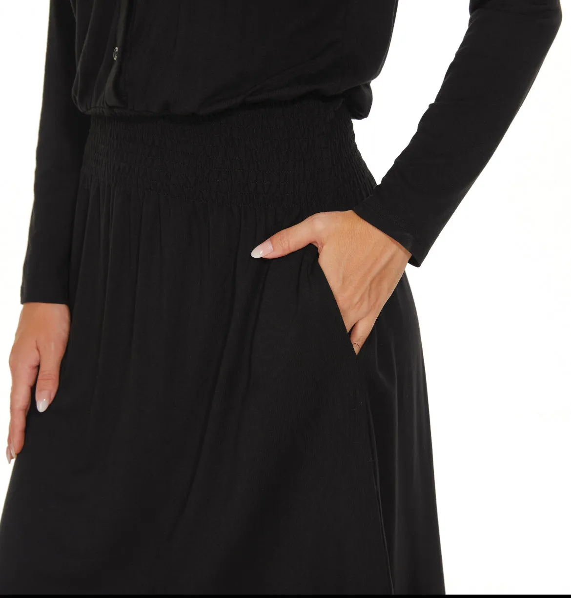 MM SMOCKED WAIST EVERYTHING DRESS LONG SLEEVES - BLACK