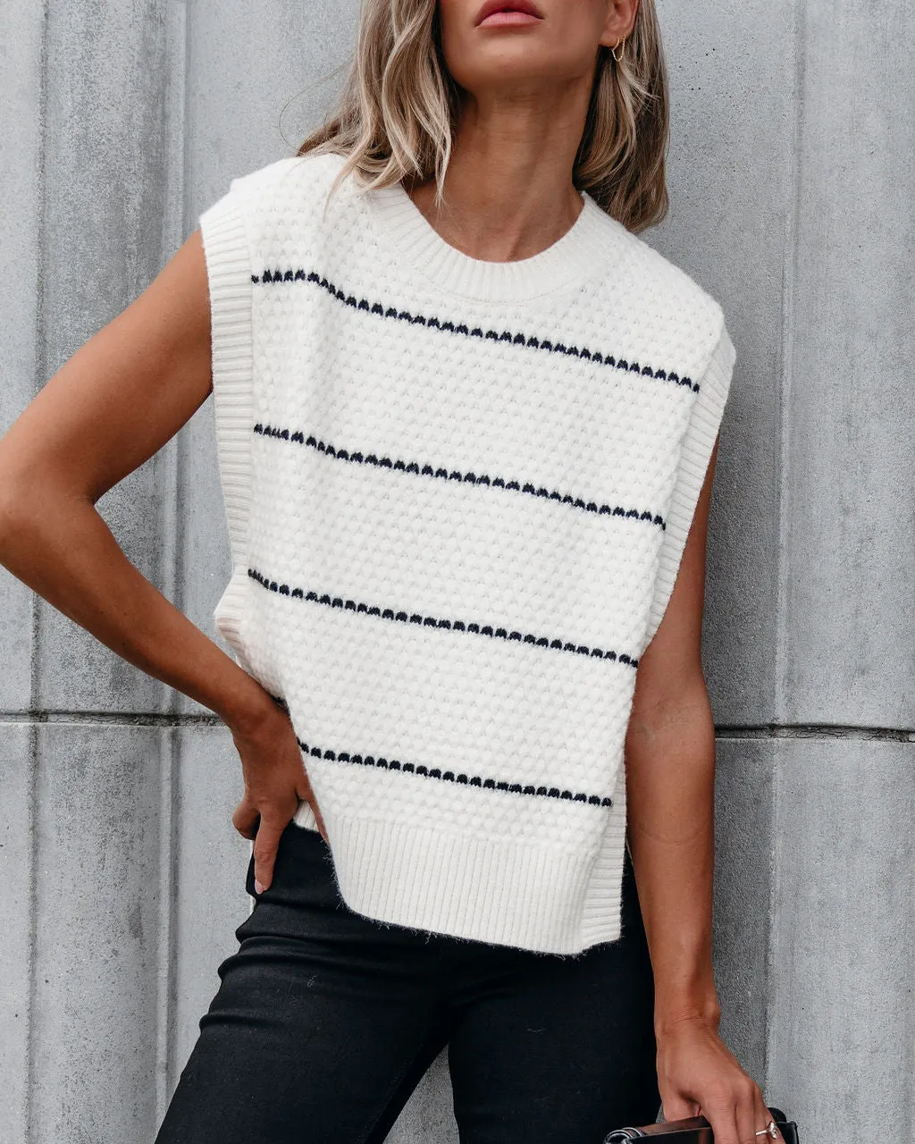 Muse By Magnolia Cream and Black Striped Sweater Vest