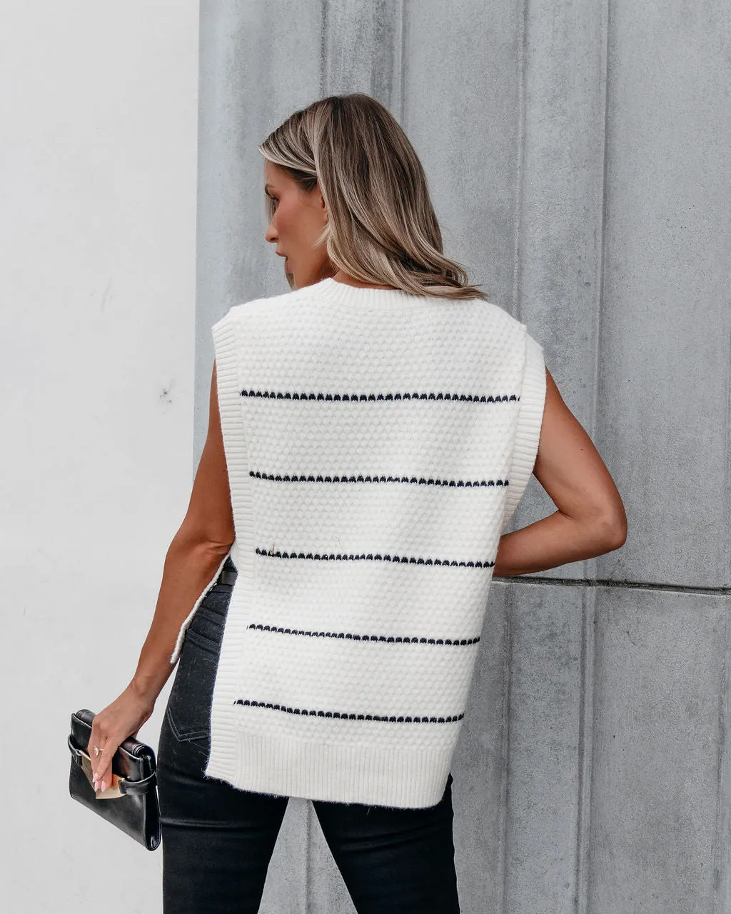 Muse By Magnolia Cream and Black Striped Sweater Vest