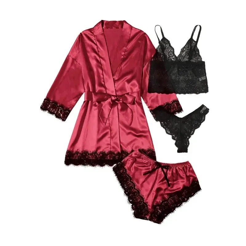 NANTEX OEM Nightwear Robe Femme Silk Pyjama Satin Sleepwear Women 4 Pieces Lace Pajamas Sexy Lingerie Set