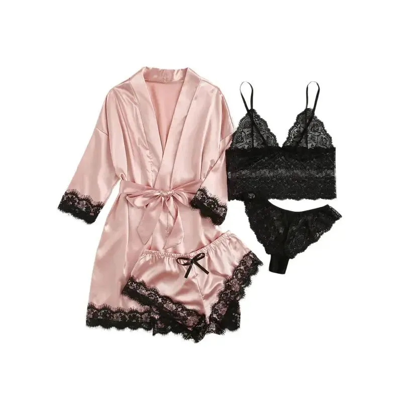 NANTEX OEM Nightwear Robe Femme Silk Pyjama Satin Sleepwear Women 4 Pieces Lace Pajamas Sexy Lingerie Set