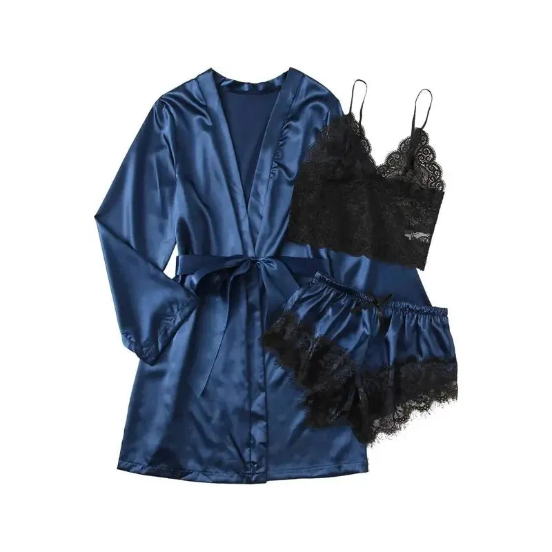 NANTEX OEM Nightwear Robe Femme Silk Pyjama Satin Sleepwear Women 4 Pieces Lace Pajamas Sexy Lingerie Set