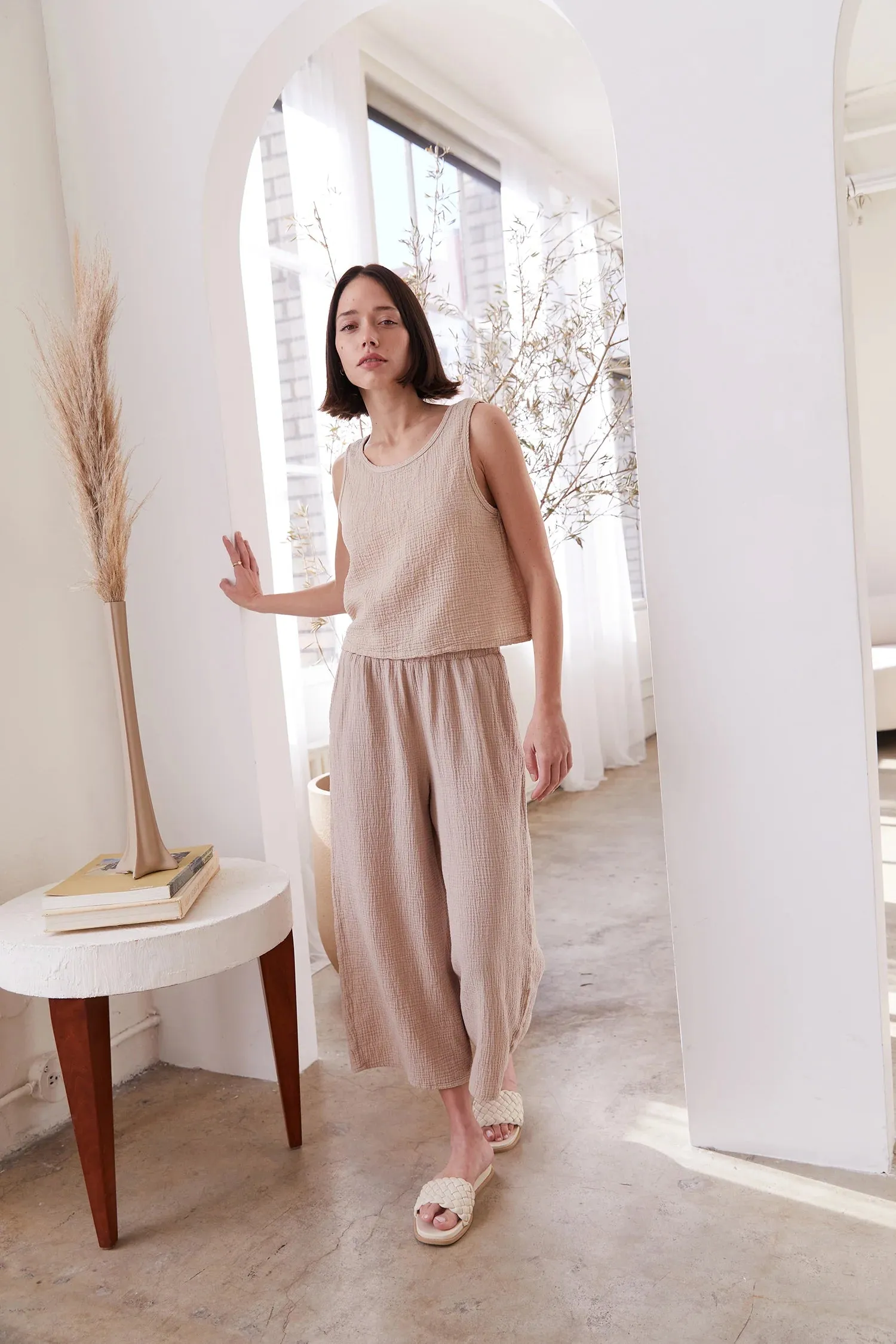 Organic Wide Gauze Pant in Sand Beige