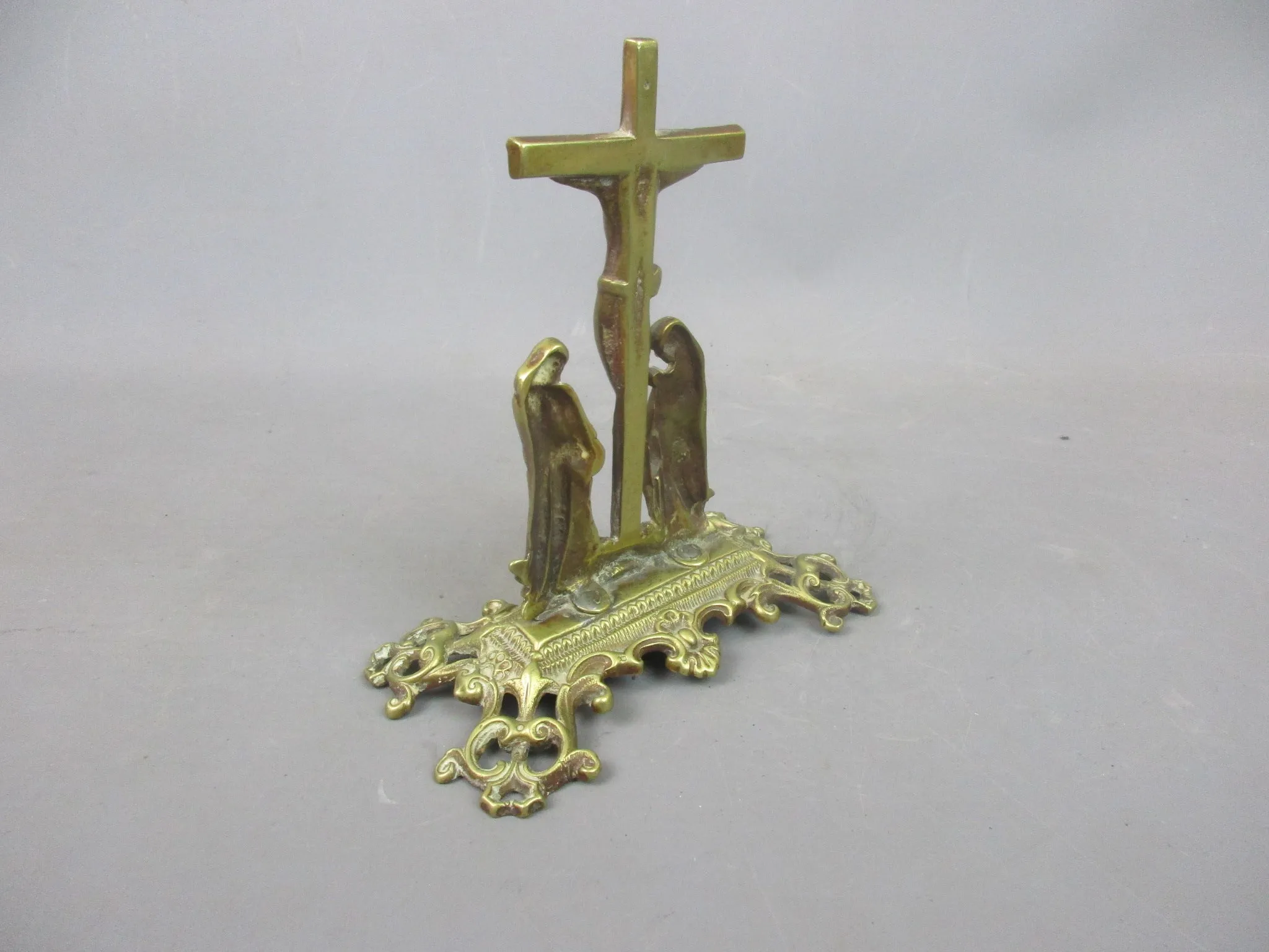 Ornate Brass Christian Crucifix Scrolled Base Ornament Antique Victorian c1890