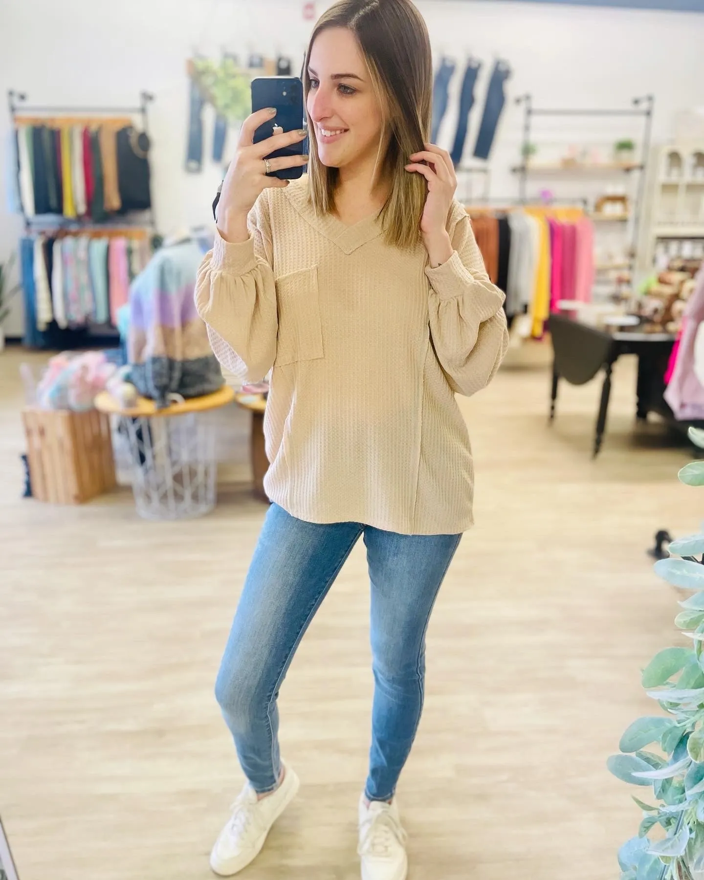 Oversized Waffle V Neck in Tan