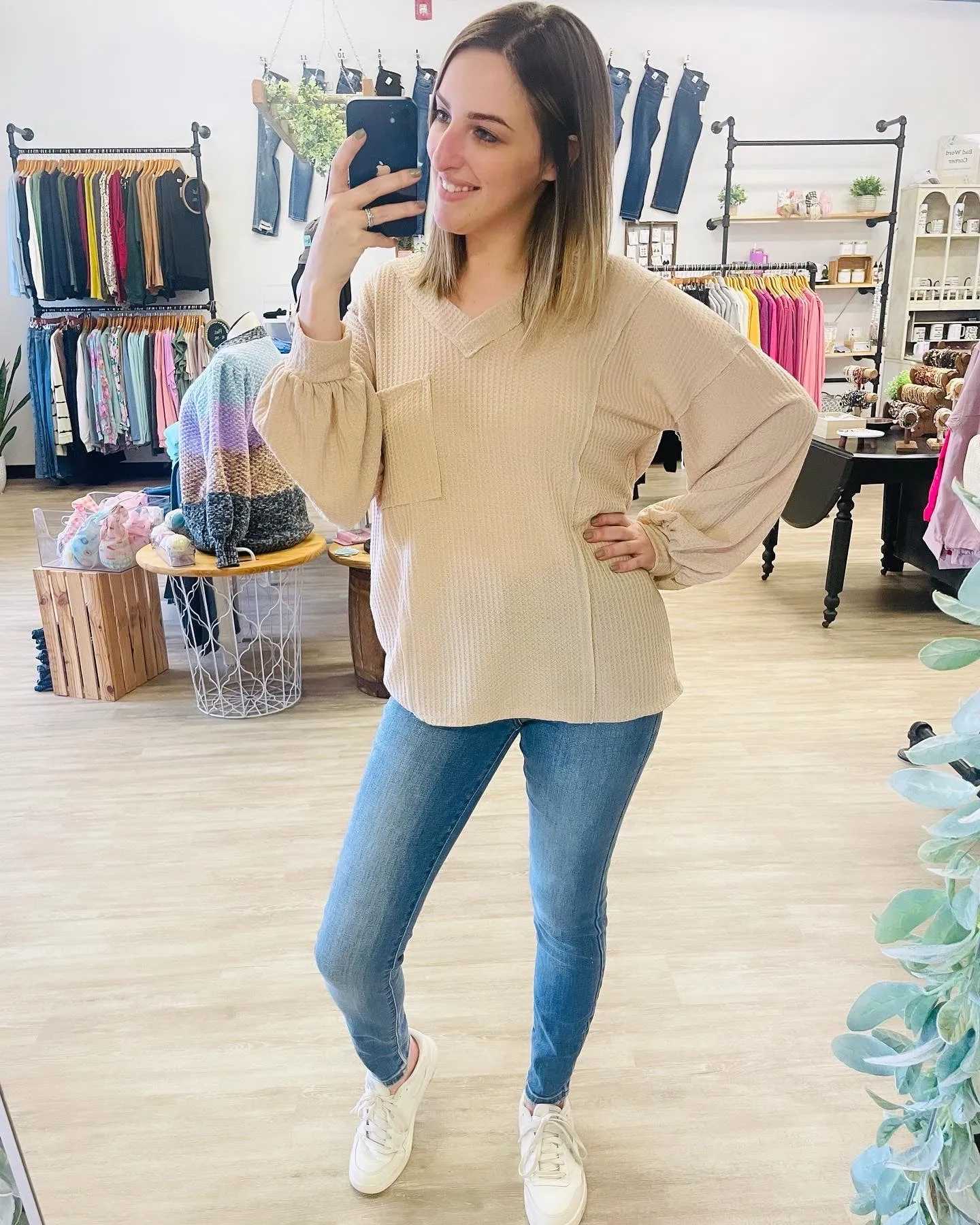 Oversized Waffle V Neck in Tan