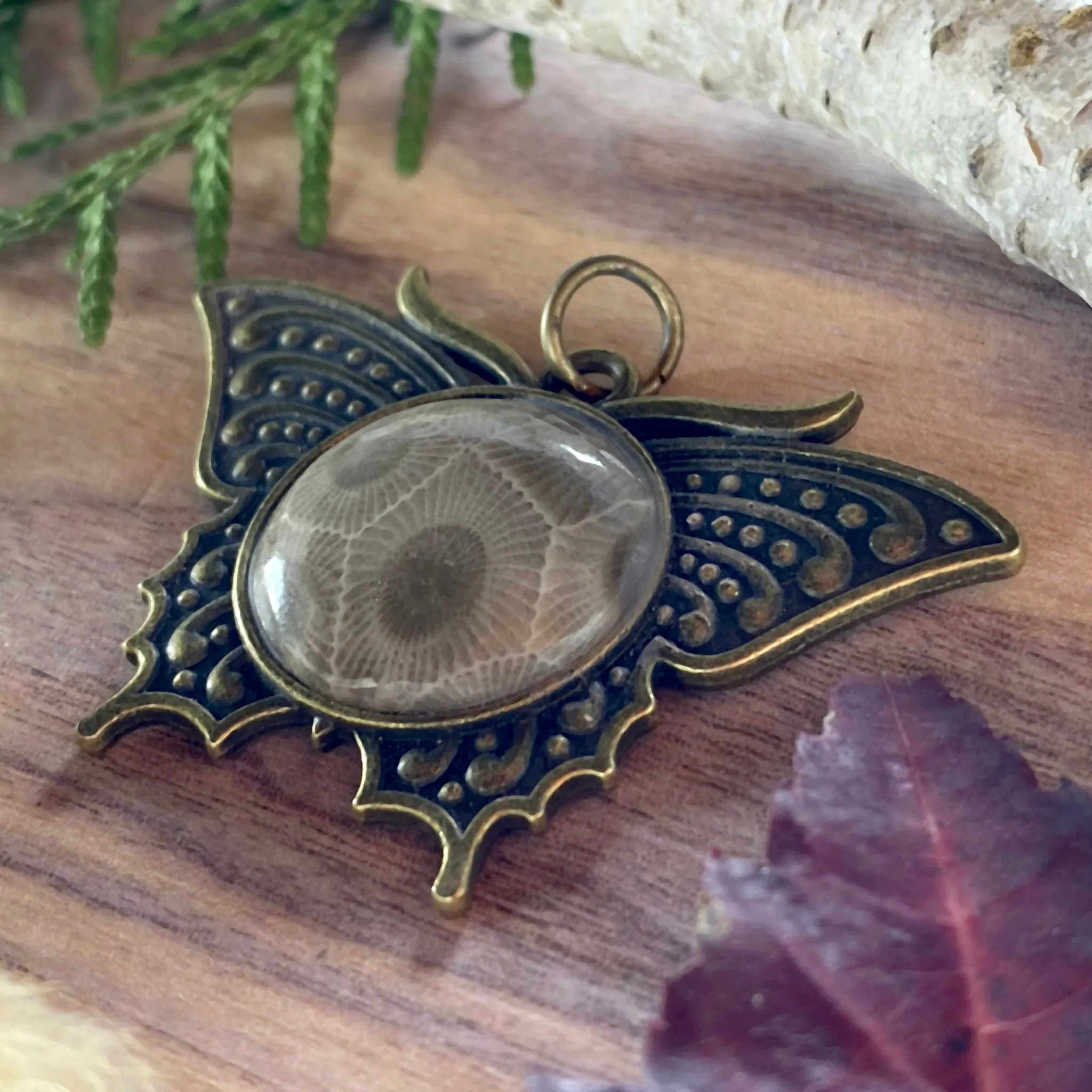 Petoskey Stone Butterfly Pendant