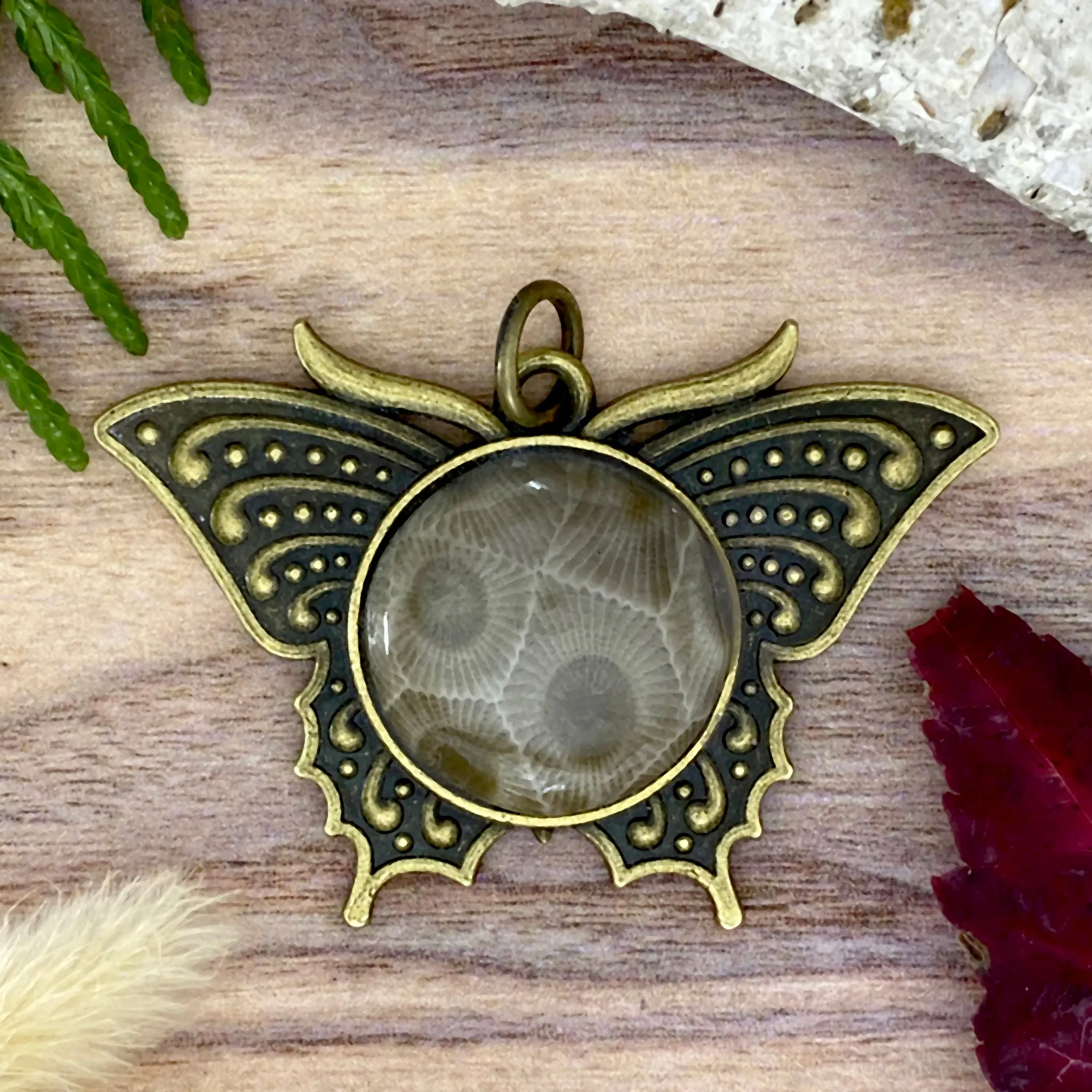 Petoskey Stone Butterfly Pendant