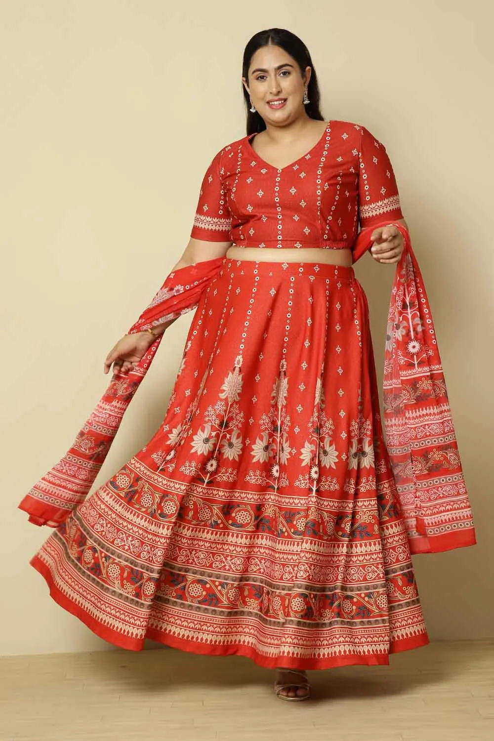 Plus Size Red Ethnic Print Lehenga