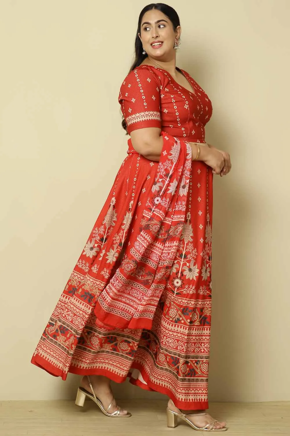 Plus Size Red Ethnic Print Lehenga