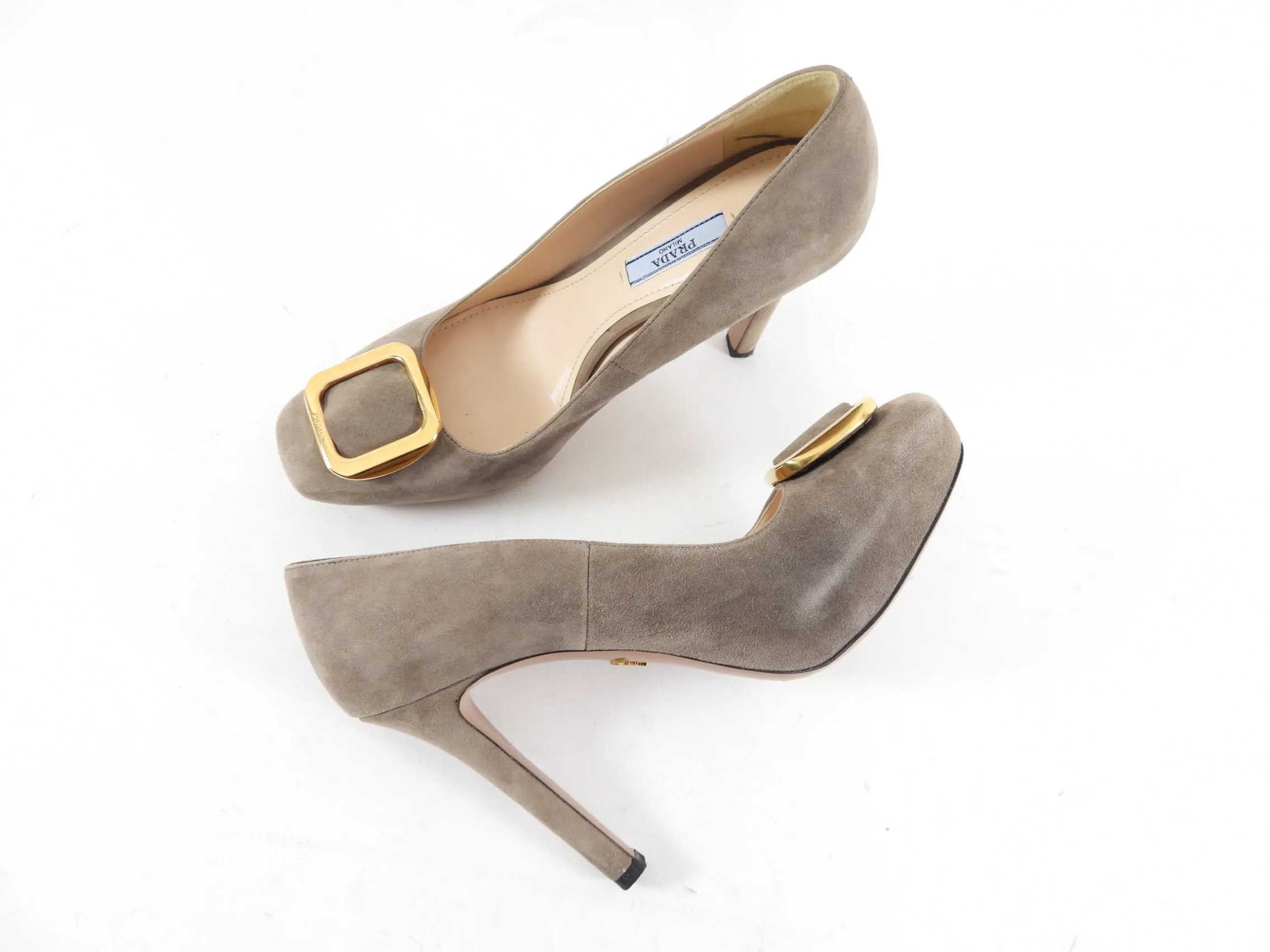 Prada Grey Taupe Suede Platform Pumps with Buckle - 40